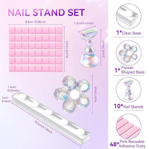 Makartt Press on Nails Stand: Clear and Pink Nail Holder for Painting Nails, Stands for Art Display Practice, Magnetic Clear Glitter Flower Fake Holders with Reusable Adhesive Putty for Home Salon DIY thumbnail 7