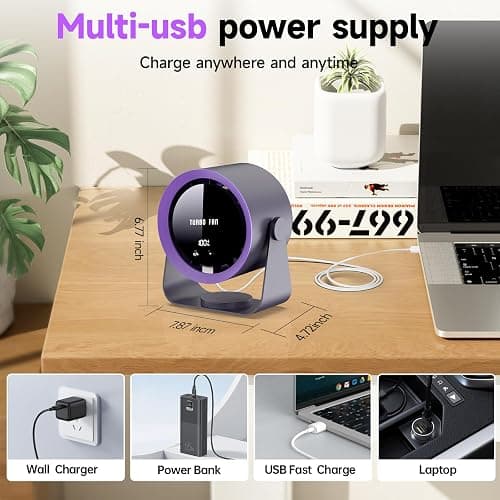Wastou Rechargeable USB Desk Fan with Digital Display, 5-Speed Ultra Quiet Table Fan, 90° Manual Tilt & Hangable Fan for Bedroom, Kitchen, Camping, Office，Living Room thumbnail 5