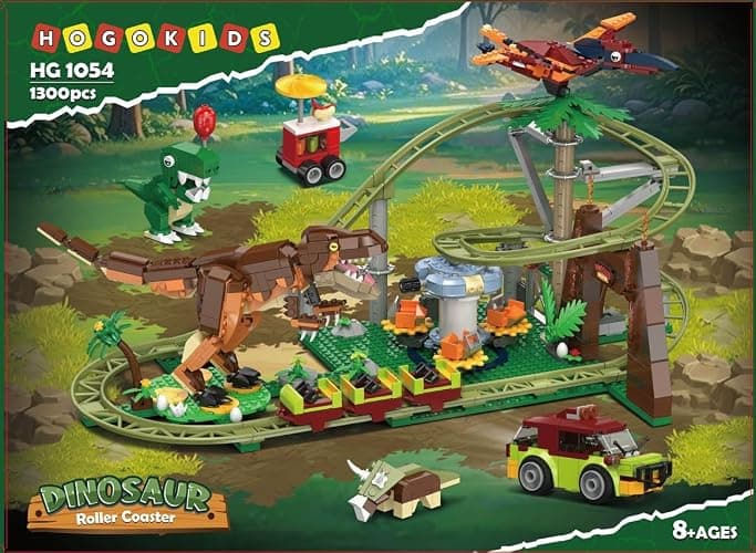 HOGOKIDS Dinosaur Roller Coaster Building Set - 1222PCS Rollercoaster Building Toy with 4 Dinosaur, Off-Road Vehicle, Food Cart, Dinosaur Models Playset Gift for Adults Kids Girls Boys Ages 8-12 Year thumbnail 10
