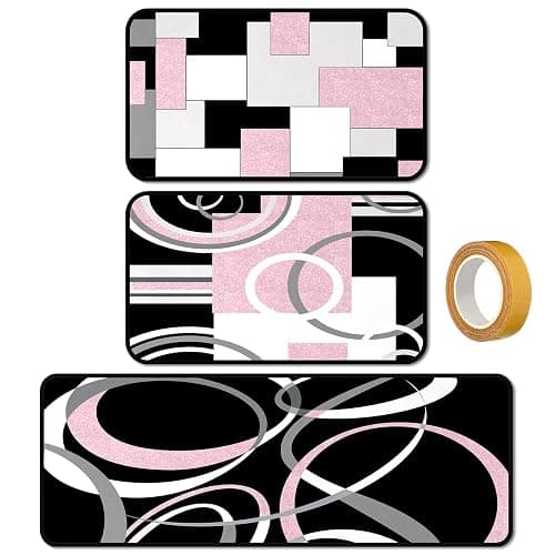 Maasechs 3 Pcs Pink and Black Kitchen Rug and Mat Set Geometric Floor Mat | Non Slip Washable, Modern Abstract Runner Rug, Minimalist Kitchen Decor Accessories for Home Office Bathroom, 17"x29"+17"x47" - Image 1