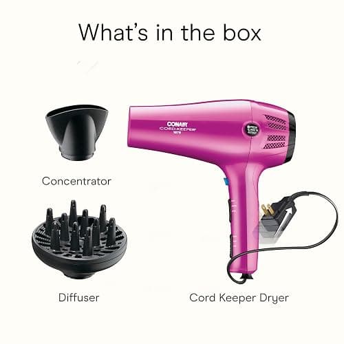 Conair Hair Dryer with Retractable Cord, 1875W Blow Dryer, 3 Heat Settings, 2 Speeds, Blow Dryer with Diffuser and Concentrator Attachments, Ionic + Tourmaline Technology, Pink thumbnail 8