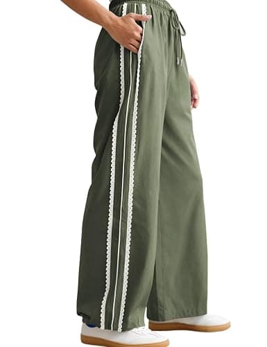 Yeokou Women's Wide Leg Sweatpants Side Stripe Crochet Slip on Drawstring Casual Running Track Palazzo Pants with Pockets - Image 1