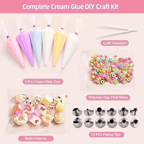Decoden Cream Glue Clay Set with 12 Piping Tips DIY Phone Case Art Crafts | Kit Includes Resin Charms and Polymer Clay Fruit Slices for Decorating Mirrors, Hair Clips, Acrylic Photo Frames, Keychains thumbnail 3