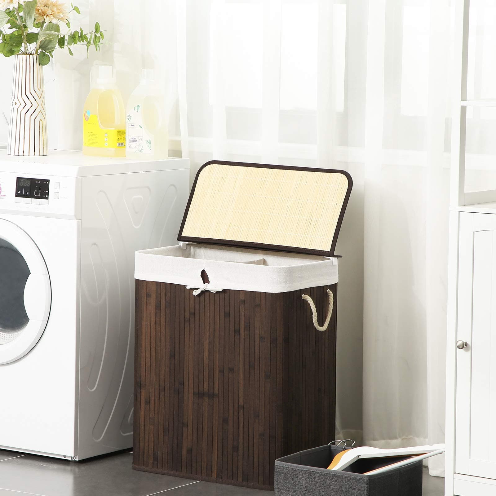 SONGMICS bamboo laundry basket, laundry bin with 2 compartments, laundry sorter with lid and removable laundry bag, cotton handles, 100 L laundry box, brown LCB72Z thumbnail 2