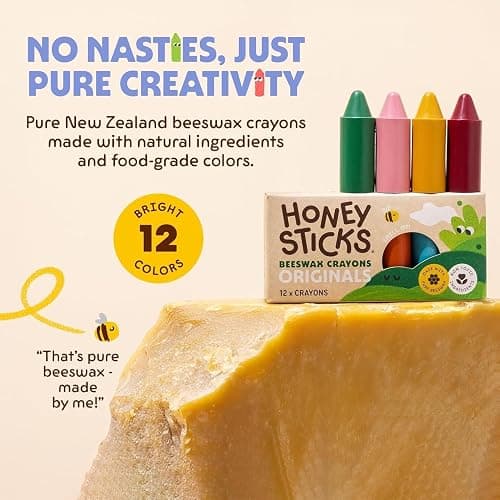 Honeysticks 100% Pure Beeswax Crayons (12 Pack) - Non Toxic Crayons, Safe for Babies and Toddlers, For 1 Year Plus, Handmade in New Zealand with Natural Beeswax and Food-Grade Colours, Eco-Friendly thumbnail 2