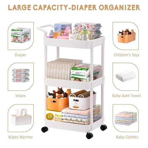 Volnamal Diaper Caddy, 3 Tier Rolling Cart for Baby Essentials, Off-White | Movable & Easy Assemble Cart for Newborn Nursery Essentials, Diaper Storage Organizer for Changing Table&Crib, Baby Registry thumbnail 7