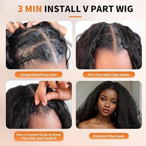 Geogroket Afro Curly V Part Wig Kinky Curly Wigs for Black Women 180% Density Wear and Go Glueless Wig with Unique Bouncy Curls in the End Synthetic Black No Leave out Clip in 24 Inch(#1B) thumbnail 5