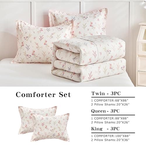 Joyreap 3pcs Cotton Comforter Set for Girls, Pink Floral Design, Twin Size Soft n Cozy Bedding Comforter Set for All Season- 68x88 inches thumbnail 5