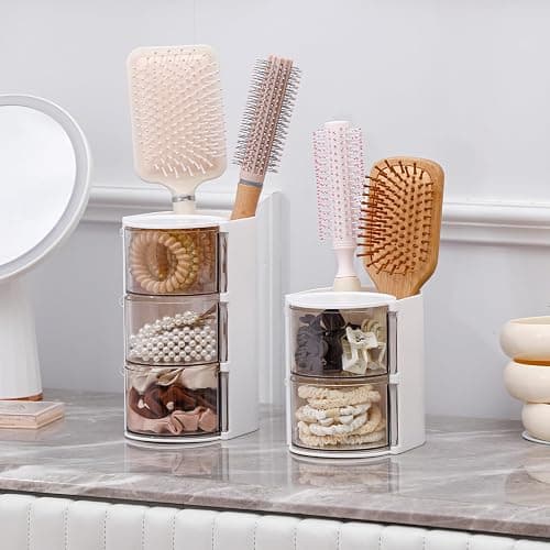 FABROK 2-Layer Clear Hair Accessories Organizer with Hair Brushes Holder, Rotatable Small Jewelry Box for Necklaces、Earring, Desktop Organizer Case for Makeup Brushes, Hair Accessories, Cotton Swab thumbnail 2