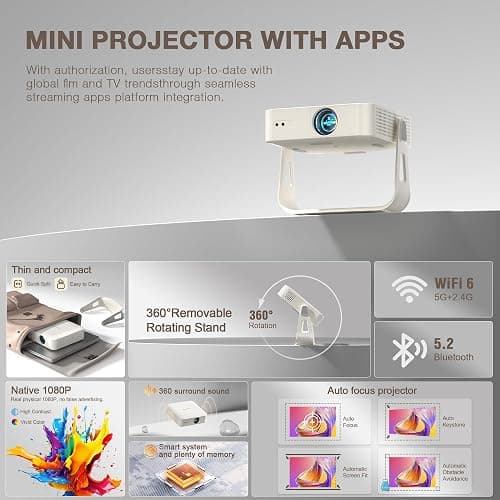 [Officially-Licensed App & Auto Focus]White Smart Mini Projector with WiFi and Bluetooth, XuanPad 4K Support Movie Projector, Portable Native 1080P Outdoor Projector with 360° Stand thumbnail 5