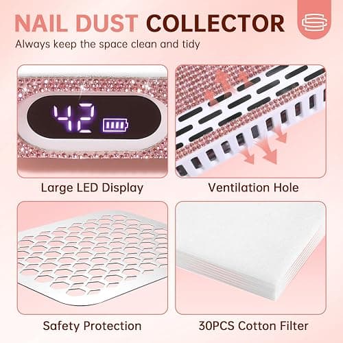 CHRISTINE SHELLY Nail Dust Collector, Rechargeable Dust Collector Nail Tech, Powerful Vacuum Fan Vent Dust Collector Extractor Dust Suction Machine for Acrylic Nails Polishing, Nail Salon&Home, Pink thumbnail 5