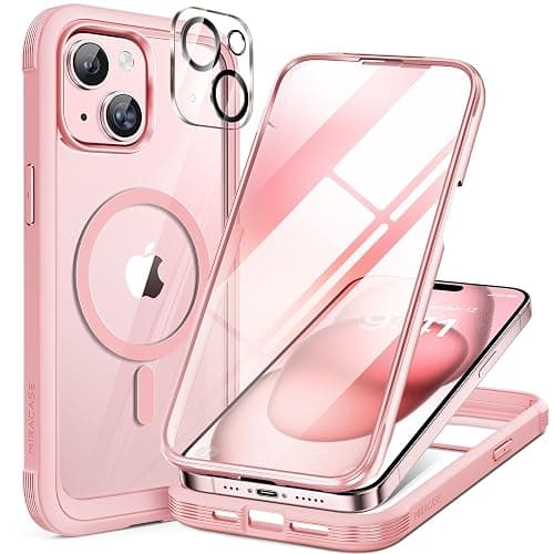 Miracase Glass Series for iPhone 15 Case [Compatible with MagSafe] Full-Body Magnetic Case with Built-in 9H Tempered Glass Anti-Fingerprint Screen Protector + Camera Lens Protector, Pink and Clear - Image 1