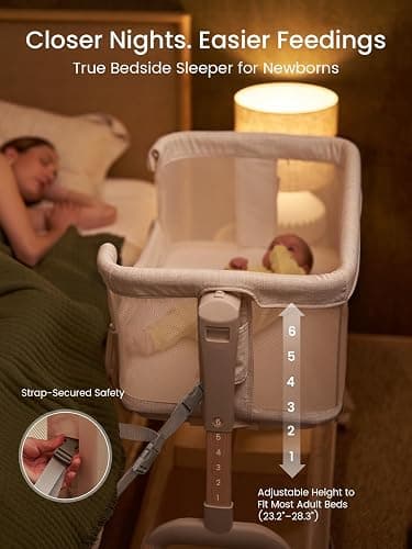 GROWNSY 5-in-1 Baby Bassinet Bedside Sleeper with Gentle Manual Rocking | 6 Adjustable Heights, Full Breathable Mesh, Convertible to Portable Crib, Bassinets with Mattress & Wheels, Beige thumbnail 2