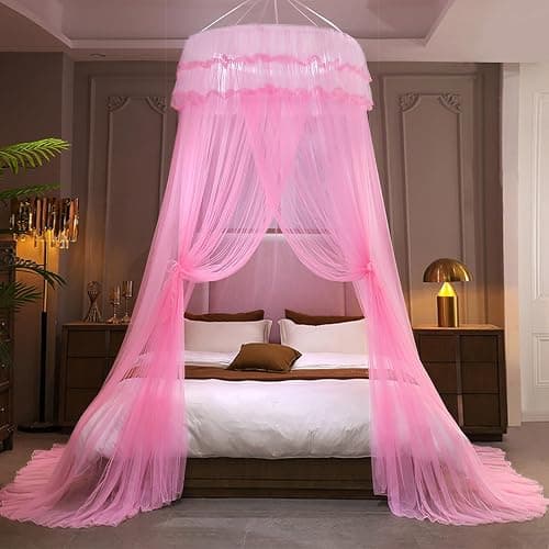 Kertnic Mosquito Net Bed Canopy for Girls, Princess Canopy Bed Curtain Fine Sheer Mesh Dome Bed Canopies, Kids & Adults Lace Tent for Twin Full Queen King Bed (Pink) - Pink thumbnail 3