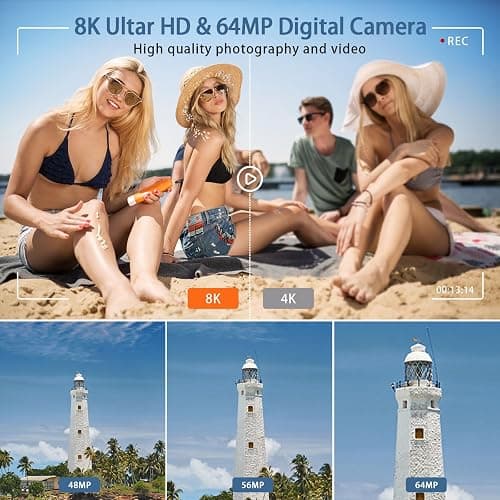 8K Digital Cameras for Photography, WiFi 64MP Vlogging Camera for YouTube, 4" Touch Screen Digital Camera with Dual Lens, Auto Focus, 16X Digital Zoom, 3000mAh Battery, 32GB Card, Black thumbnail 2