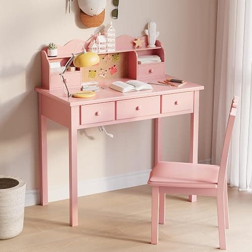 FUNKOCO Home Office Furniture Writing Desk,Computer Work Station with Detachable Hutch,5 Drawers(Pink) thumbnail 8