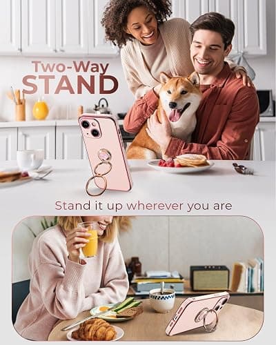 XYZ for iPhone 14 Case with Stand, Phone Case with Double Ring Kickstand, Women Girls Bling Luxury Protective Case Heart for iPhone 14, Pink thumbnail 7