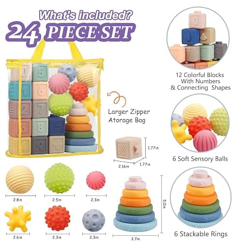 Montessori Toys for Babies,Soft Stacking Building Blocks Rings Balls Sets,3 in 1 Baby Toy Bundle,Sensory Toy for 6-12 Months, Soft Teething Toys,Baby Easter Basket Birthday Gifts for Boy Girl thumbnail 3