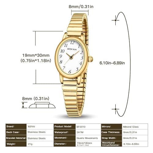 BOFAN Small Gold Watches for Women Easy Read Ladies Quartz Wrist Watch with Stainless Steel Expansion Band,Waterproof. - 6.10in-6.89in - Gold thumbnail 4