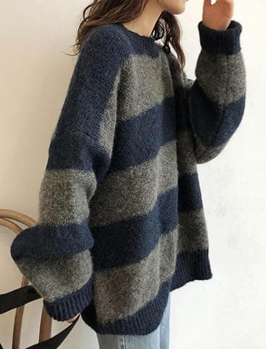 EMMIOL Women's Oversized Striped Sweaters 2025 Fall Trendy Long Sleeve Knit Outfits Crewneck Fashion Pullover Tops thumbnail 3