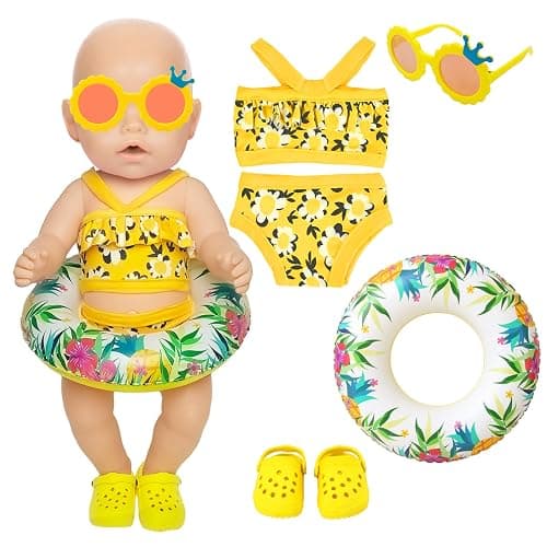 WanderGo 4 Teilig Badeanzug Puppen Set Puppenkleidung Sommer Schwimmset für 35–45 cm Schwimmpuppe Gelb Badeanzug mit Blumenmuster, Schwimmring, Sonnenbrille, Strandschuhe Puppenzubehör - Image 1