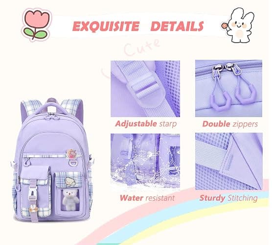 PRLINJSK Girls Backpack，Cute School Backpack for Girls Kids Teens，Kawaii Bookbag for Primary Elementary，Purple thumbnail 4