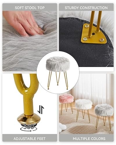 IBUYKE Faux Fur Vanity Stool Chair, Furry Makeup Stool Ottoman, Soft Padded Seat, Round Footrest Footstools with 4 Metal Legs, for Living Room Bedroom Entryway, Gray LG-32G - without storage - Grey thumbnail 7