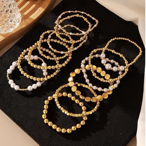 KISS WIFE Gold Beaded Bracelets for Women, Stackable Stretch Bracelet Set | 13 stretch bracelets combine polished gold-tone beads and faux pearls for stacked or individual everyday styling. thumbnail 4