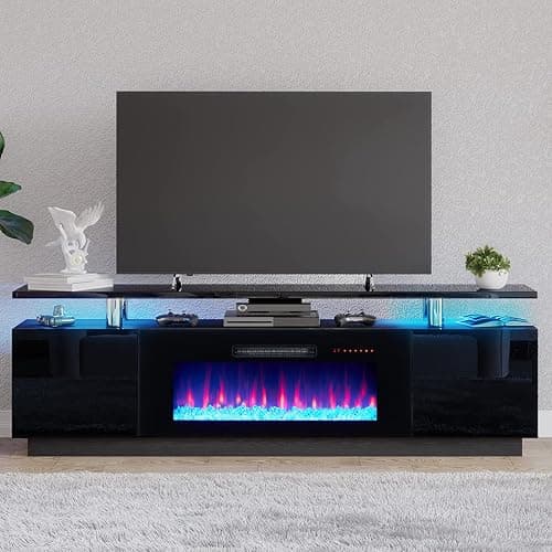 AMERLIFE Fireplace TV Stand with 36" Fireplace, 70" Modern Fireplace Entertainment Center LED Lights, 2 Tier TV Console Cabinet for TVs Up to 80", Obsidian Black - Image 1