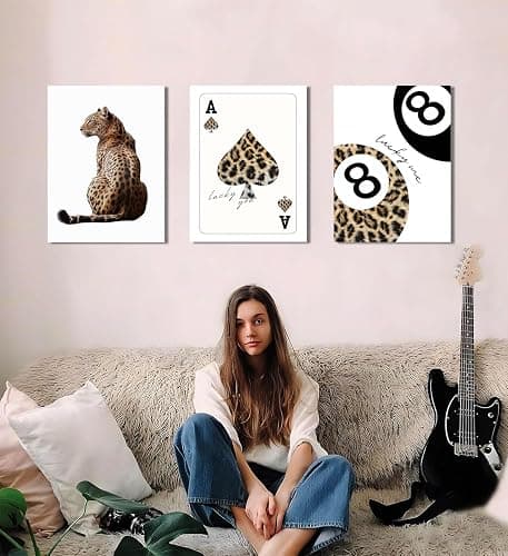 Trendy Leopard Canvas Wall Art Set of 3 - Cheetah Prints Wall Decor Pictures, Funky Lucky You 8 Ball Poster Preppy Aesthetic Paintings, for Girls Bedroom Dorm Apartment 12x16 inch Framed thumbnail 8