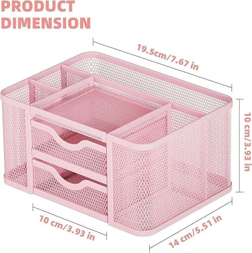 Marbrasse Netz Schreibtisch-Organizer,Multifunktionaler Stiftehalter mit 2 Schublade,Schreibtisch Aufbewahrung Zubehör für Heim Büro Bedarf (Rosa) - Rosa thumbnail 3