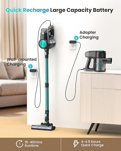 Blozor N3T Cordless Vacuum Cleaner,Wireless Stick Vacuum with 40mins Runtime,Self-Standing,Anti-Tangle Brush,Rechargeable Lightweight Vacuum Cleaner for Home,Hardwood Floor,Pet Hair, Carpet-Mint Green thumbnail 6