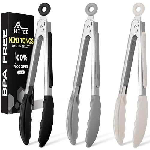 Hotec Mini Silicone Kitchen Tongs for Cooking - 7-Inch Small Serving Tongs with Silicone Tips, Set of 3 (Black,Grey,Khaki) - Image 1