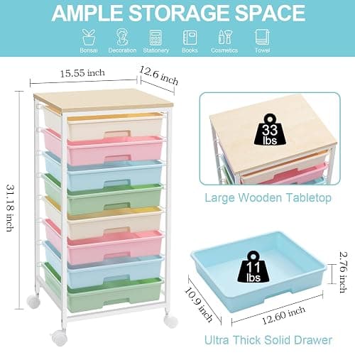 SYKIARIOL Rolling Storage Cart with Drawers,Utility Cart With 8 Drawers and Wooden Tabletop,Rolling Drawer Cart,Storage Drawer Cart for Living Room,Classroom,Bedroom,Bathroom,Dorm,Office,Rainbow thumbnail 2