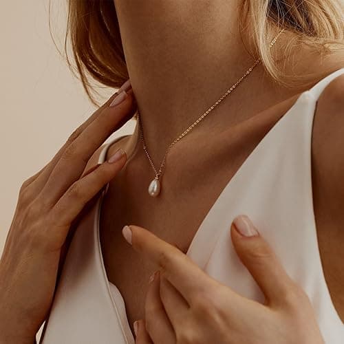 Pearl Necklace for Women Trendy,14k Gold Plated Necklace Dainty Wedding Necklace Small Cute Choker Necklace Beaded Lariat Drop Necklace Vintage Waterproof Jewelry for Women Gold Jewelry Fashion Gifts thumbnail 5