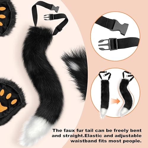 Faux Fur Cat Fox Mask Tail and Paw Set, Wolf Furry Suit Plush Therian Accessories Kit thumbnail 5