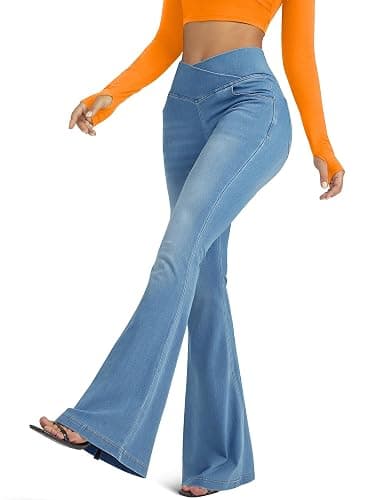 FUNUCA Knit Stretchy Jean Leggings for Women with Crossover High Waisted Bell Bottom Yoga Pants Flare Leggings with Pockets thumbnail 3