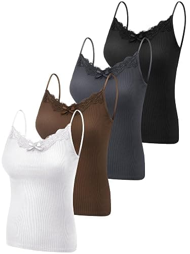 Fourluoo 4 Pack Women's Long Lace Tank Tops Lace Camisole Spaghetti Strap Y2k Slim Fit Tight Basic Soft Cami Patchwork Tops - Image 1