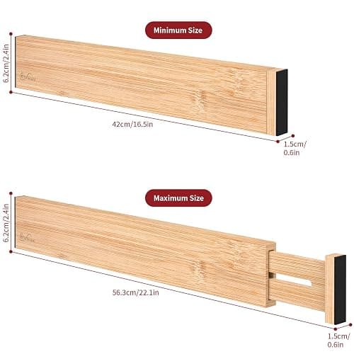 Vinsani Bamboo Drawer Dividers Set of 4 Expandable Drawer Organiser Expandable Adjustable 42-56 cm Spring-Loaded Drawer 2.4in High Separator Partitions for Kitchen Utensils Clothes Tools Home Office thumbnail 3