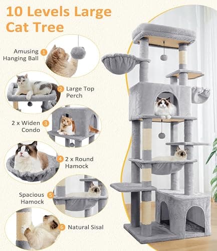 ABCPET Cat Tree Large Cat Tower Tree 68" Multi-Level Cat Tower for Indoor Cats with Sisal Scratching Posts, Widen Cat Perche, Square Hammock, 2 Widen Condos, Scratching Posts, Light Grey thumbnail 2