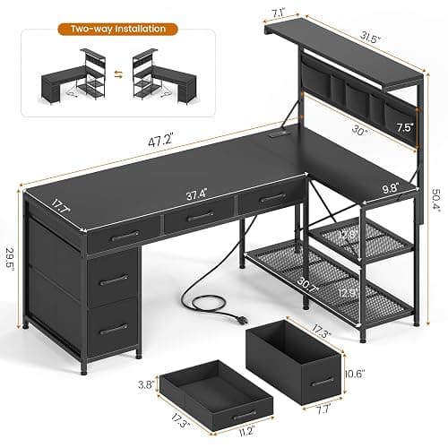 SEDETA L Shaped Gaming Desk, 47.2" Reversible Small Computer Desk with 5 Drawers and Storage Shelves, Corner Gaming Desk with LED Lights and Power Outlet, Black thumbnail 2