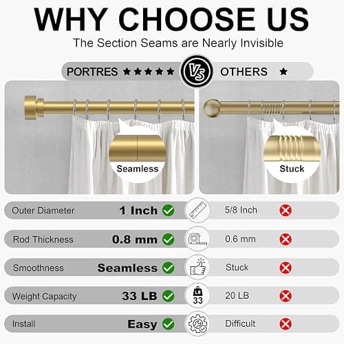PORTRES Gold Heavy Duty Curtain Rods for Windows 66 to 120 Inches Adjustable Length 1" Diameter Brass Curtain Rod with Modern Decorative Finials for Outdoor Bedroom Kitchen Living Room thumbnail 5