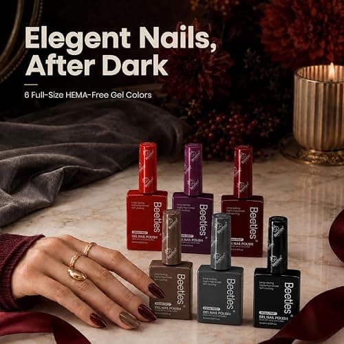 Beetles Fall Gel Polish Set, Burgundy Dark Red Brown Black Gray Colors,Hema-Free | 6 PCS 15ml Full Size Gel Nail Kit, Midnight Elegance, UV Nail Polish Color DIYManicure Home Salon thumbnail 8