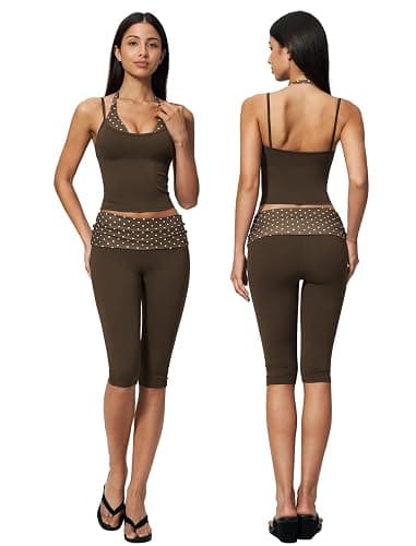 PQBPQB Women 2 Piece Workout Set Striped Halter Tank Top and High Waist Capri Pants Pilates Yoga Outfits - Image 1