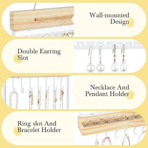 Hanging Jewelry Organizer and Storage, 5-Tier White Earring Necklace Holder Jewelry Display Organizer Stand Rack, Wall Mounted for Earrings Necklaces Bracelets and Rings, White thumbnail 6