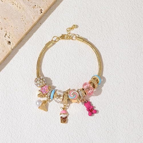 Madison Tyler Gold Plated Charm Bracelet for Women | Martini Tomato Hamburger Cherry Ice Cream Lemon Beaded Charm Bracelet Cute Adjustable Snake Chain Bracelet thumbnail 5