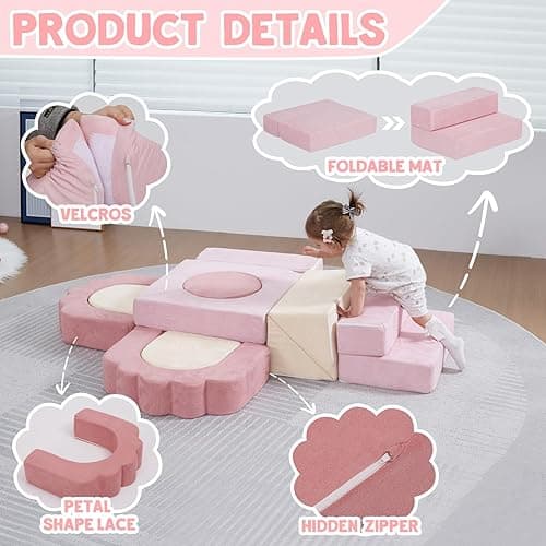 MOOZHEALTH 13 Pieces Foam Climbing Blocks for Toddlers 1-3|Floral Baby Soft Play Gym,Kids Indoor Crawing Climbers & Play Structures for Bedroom,Livingroom & Playroom,Pink & Beige - Pink+beige thumbnail 3