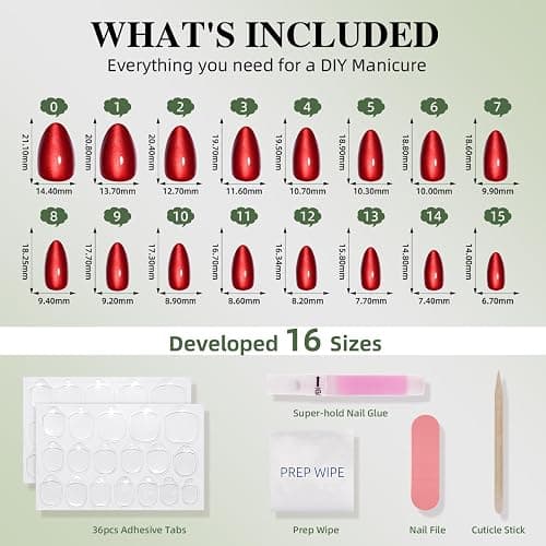 WiniBeauty Red Cat Eye Press On Nails Almond - Short Almond Fake Nails | Red Cateye Press On Nails Reusable Stick On Nails in 16 Sizes, 32pcs False Nail Kit for Women & Girls thumbnail 4