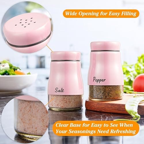 Pink Salt and Pepper Shakers Set, Bivvclaz 5 oz Salt and Pepper Dispenser with Glass Bottom, Cute Salt and Pepper Shakers for Pink Kitchen Decor and Accessories, Easy Filling thumbnail 4