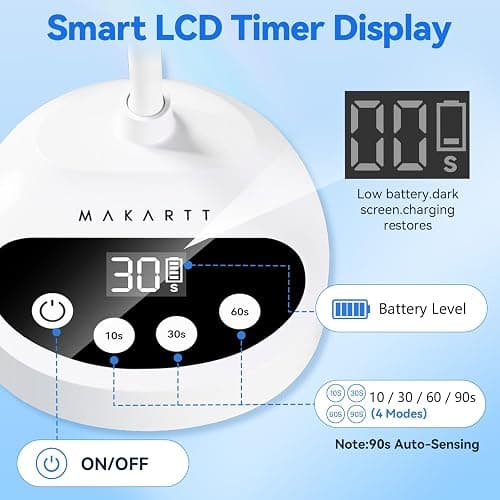Makartt Flash Cure UV LED Nail Lamp for Gel-X Tips, Adjustable Gooseneck | 50 mW/cm² Cordless Rechargeable UV Light with Auto Sensor & 4 Timers & 10 Beads for Fast Gel Curing Home DIY Salon Use, White thumbnail 8